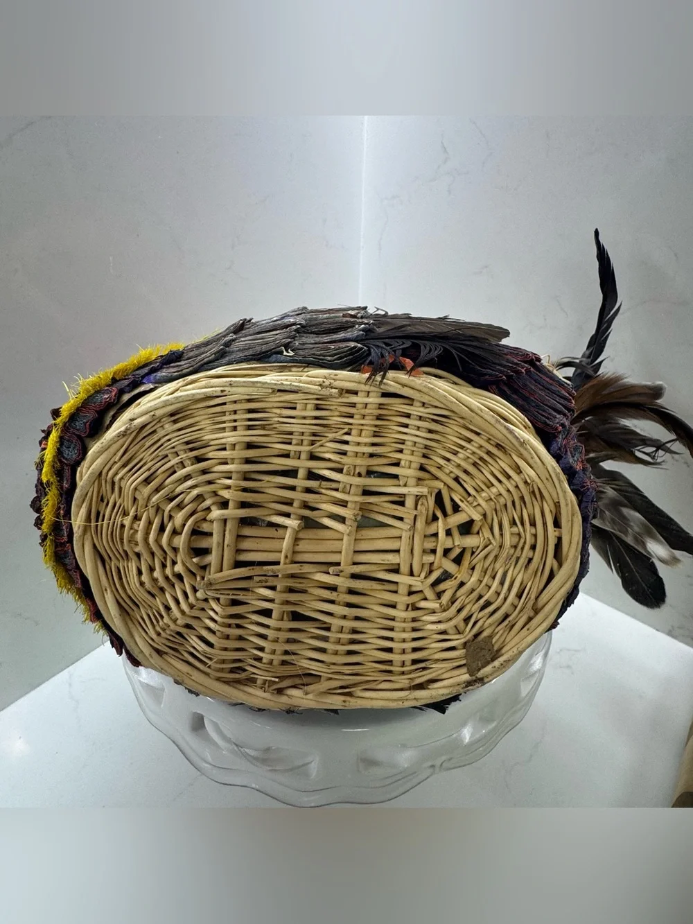 Vintage Handcrafted Rooster Wicker Basket Centerpiece Feather Country Farmhouse
